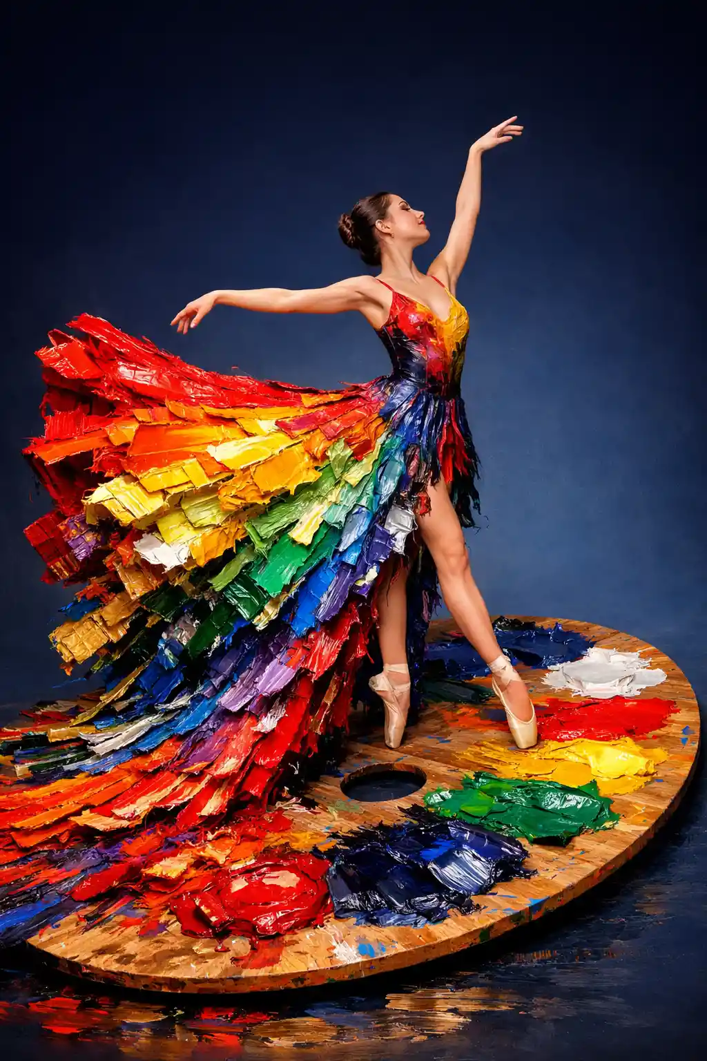 Ballerina On Giant Paint Palette In Flowing Colorful Dress