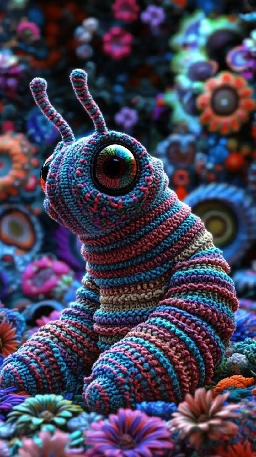 Oruga colorida con suéter peludo entre flores psicodélicas