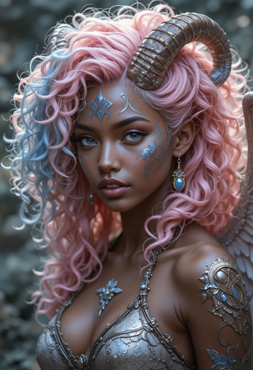 Winged fantasy woman with silver eyes and colorful curls