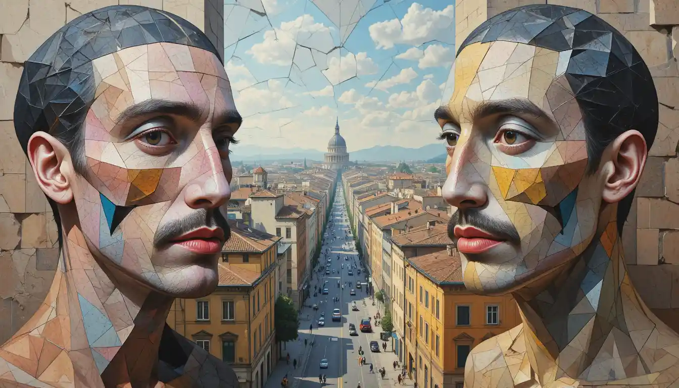 Cubist cityscape with fragmented human faces and planes