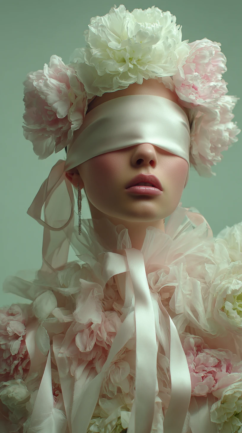 Mujer con venda floral en retrato de estudio de alta costura