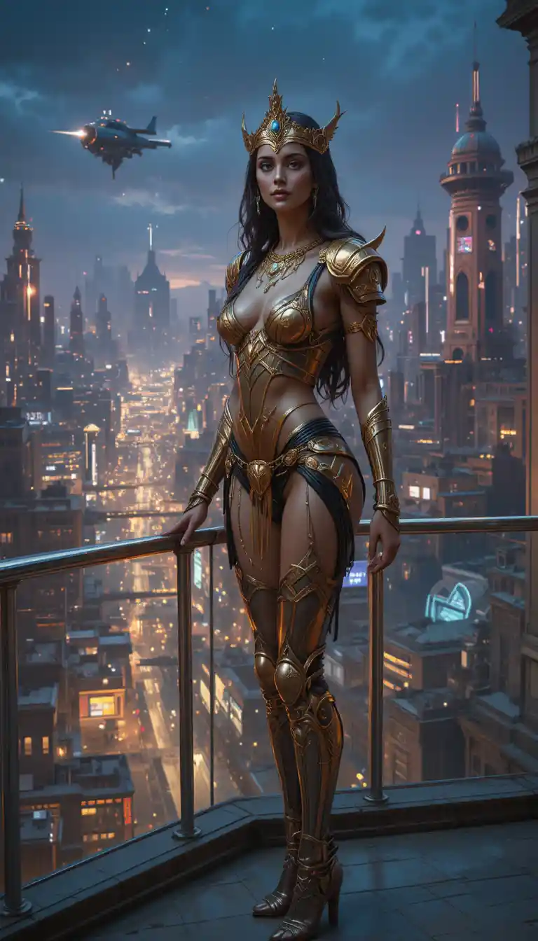 Warrior queen on balcony above futuristic city at dusk