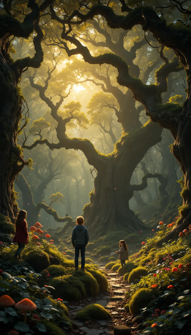 Magical children and animals in an enchanted forest glow