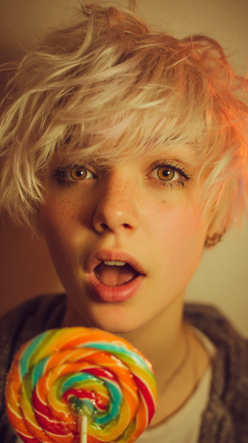 Chica emo en primer plano con piruleta y cálidos ojos color ámbar