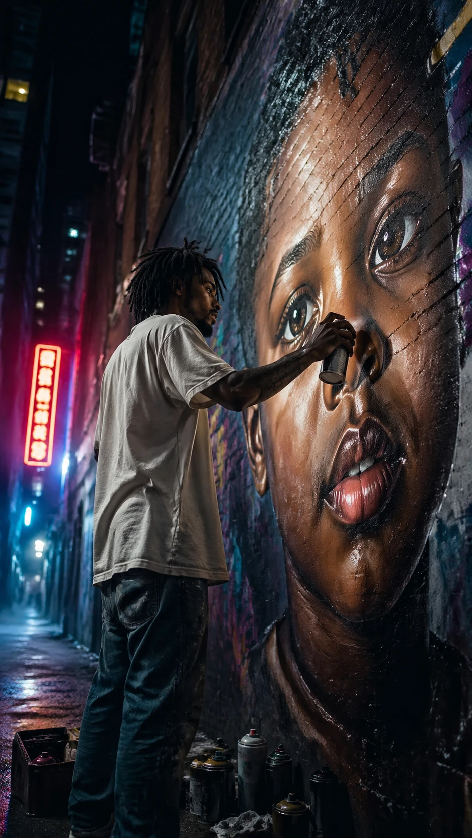Artista callejero pintando un mural iluminado con neón de noche