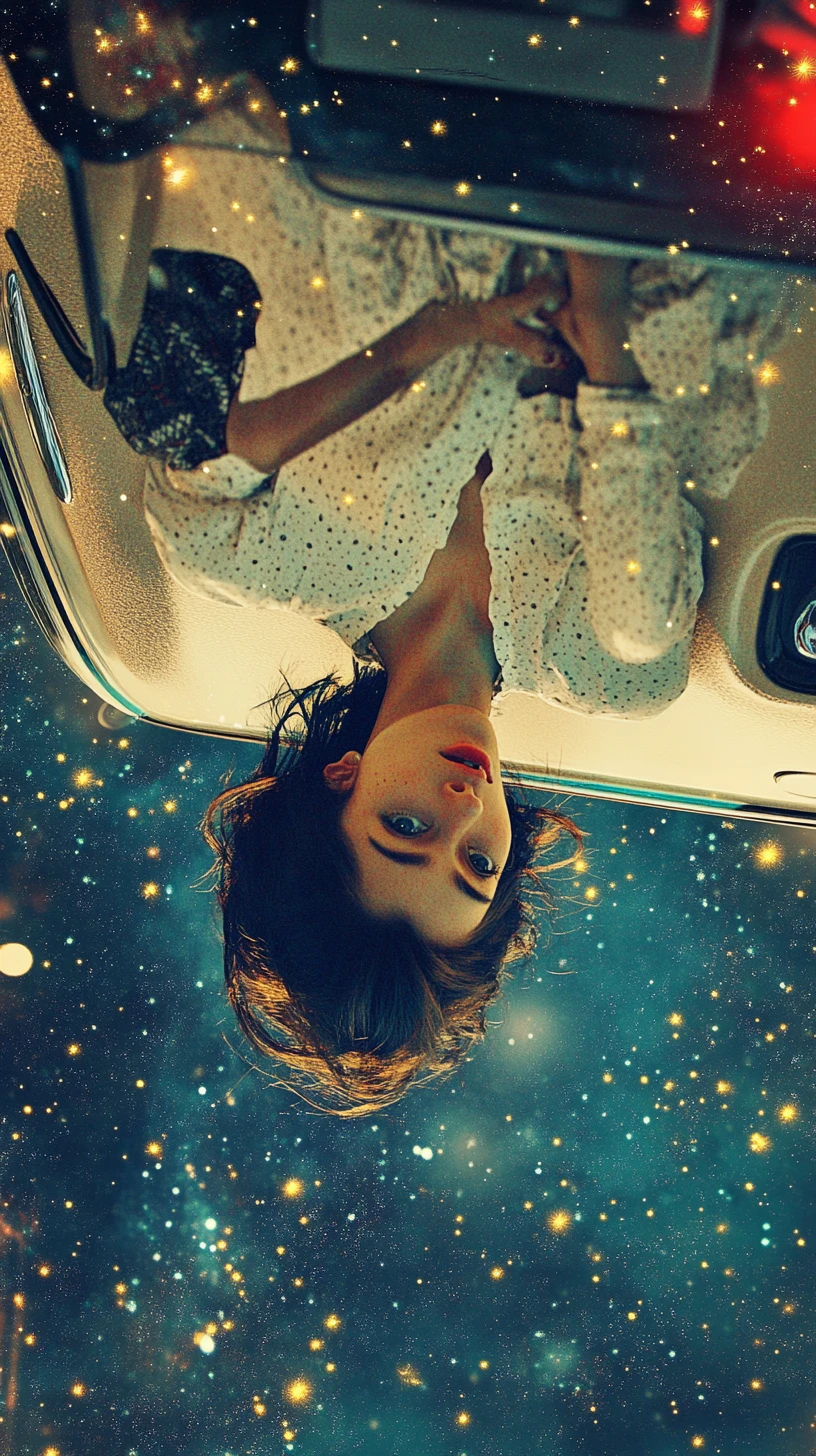 Girl lying on a car hood under a quiet starlit sky