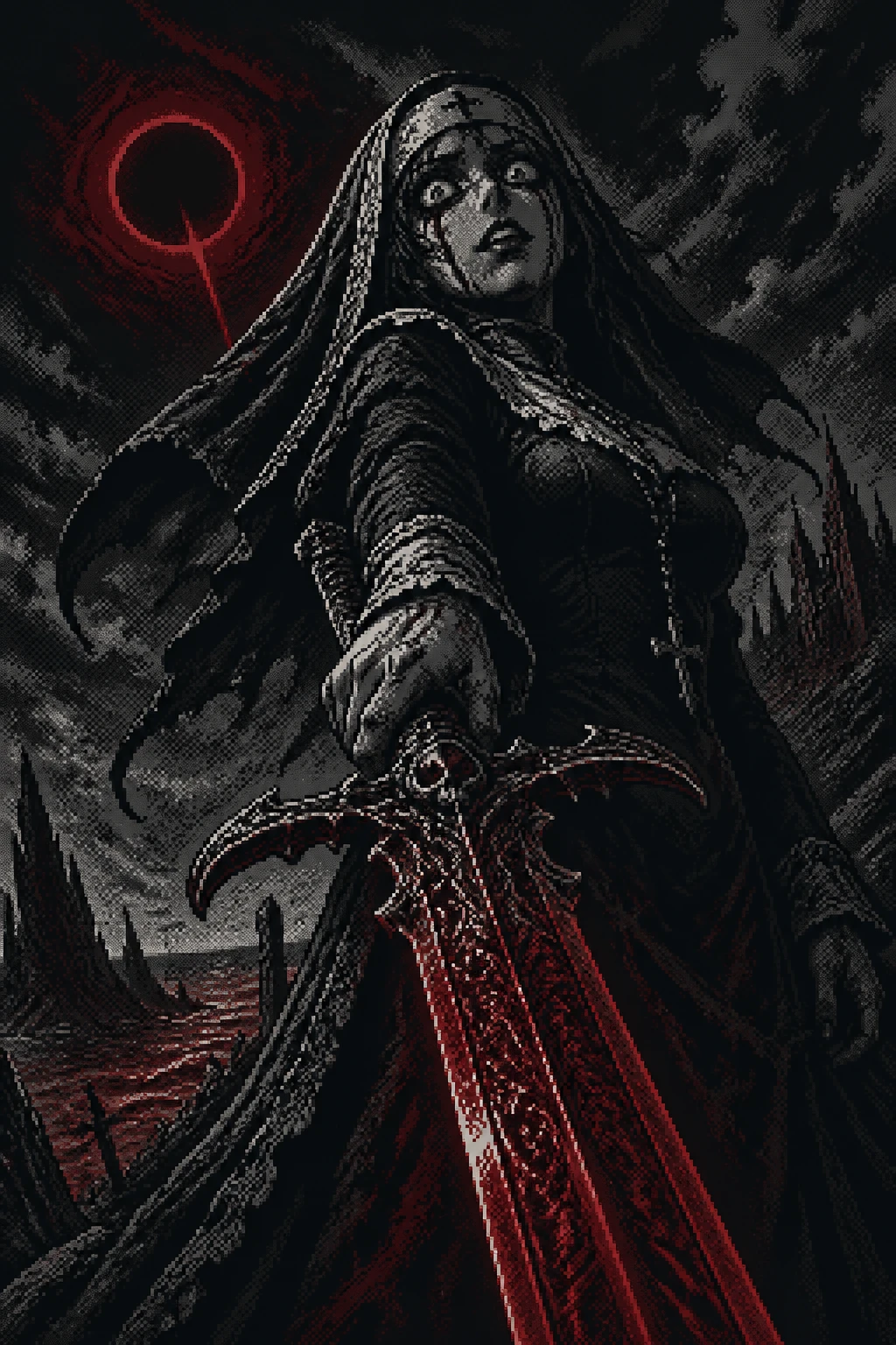Melancholische Gothic-Lady mit Schwert am Ende der Welt