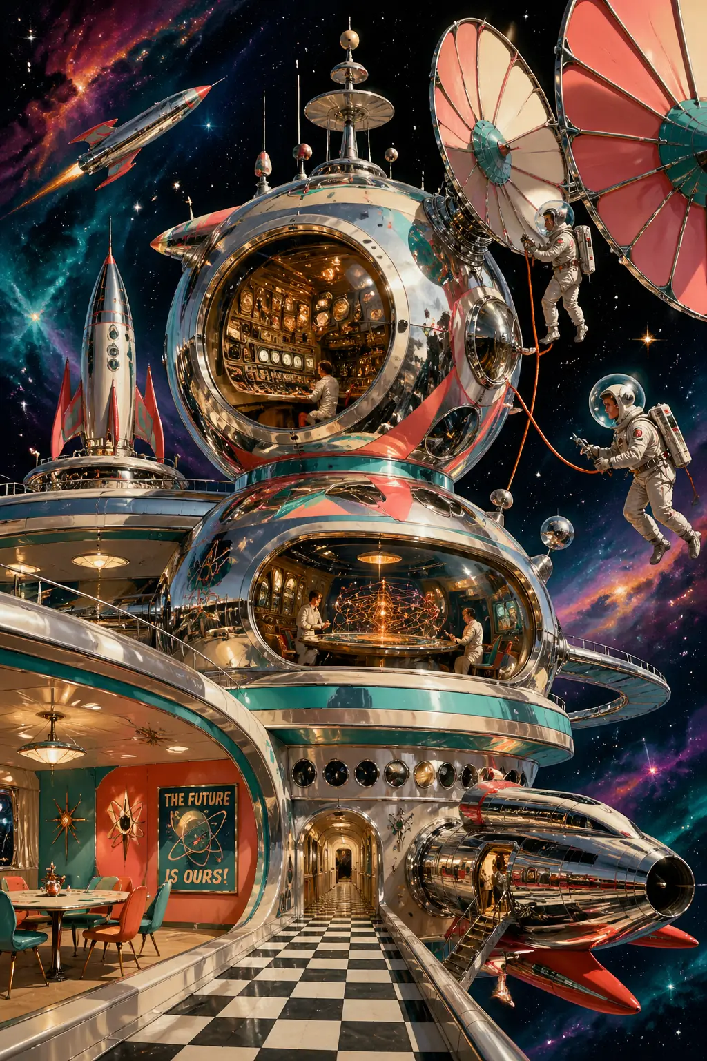 Retrofuturistic space station drifting among colorful nebulae