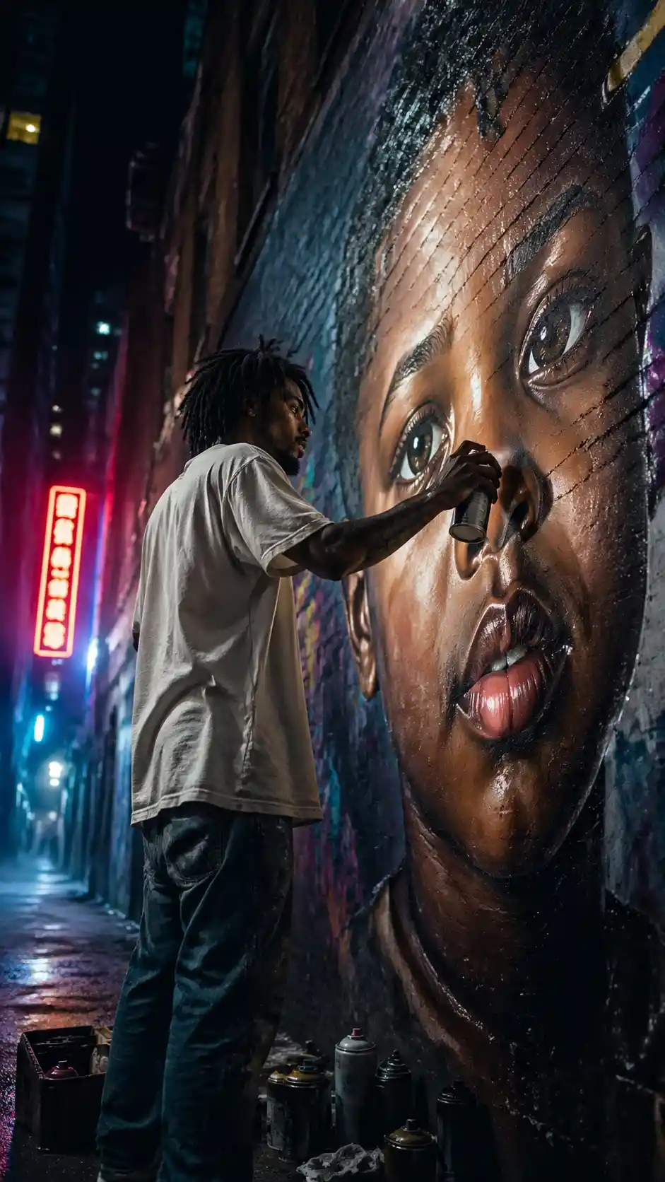 Street artist painting a neon lit mural at night