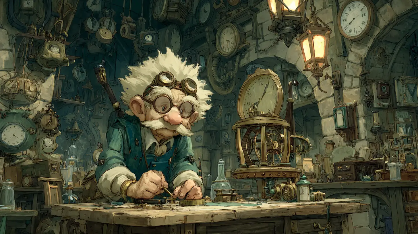 Elderly gnome clockmaker in a cluttered steampunk workshop