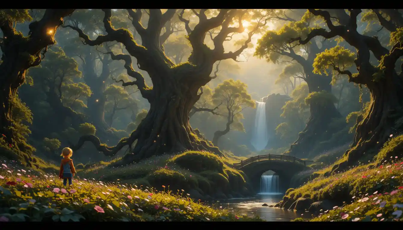 Magical children with forest animals in an enchanted woodland