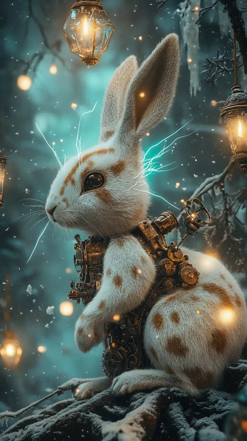 Steampunk Rabbit Glowing With Energy In Frozen Castle Forest
