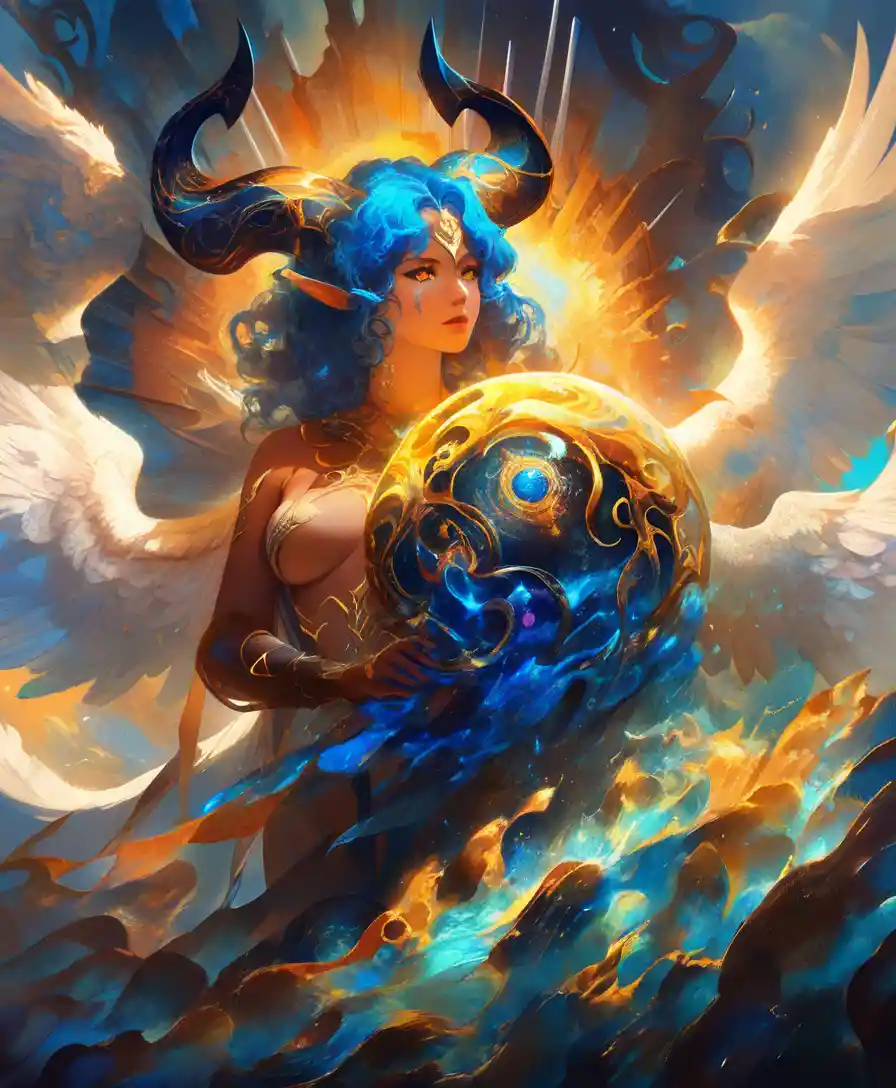 Majestic fantasy woman with wings horns and glowing markings