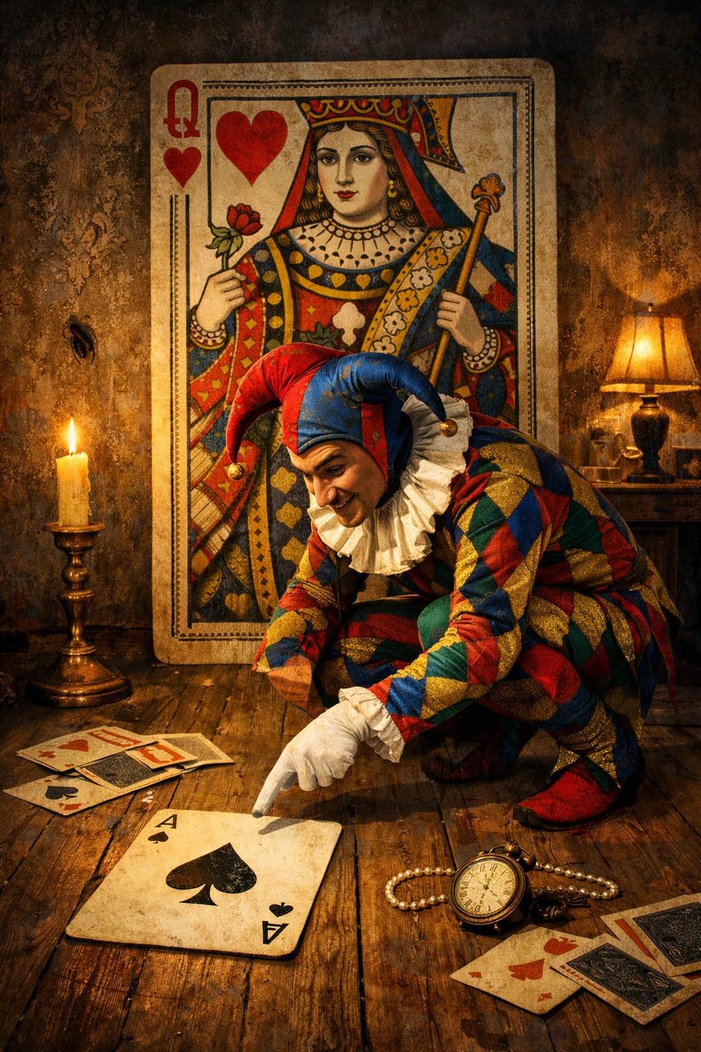 Colorful jester pointing at ace of spades on wooden floor