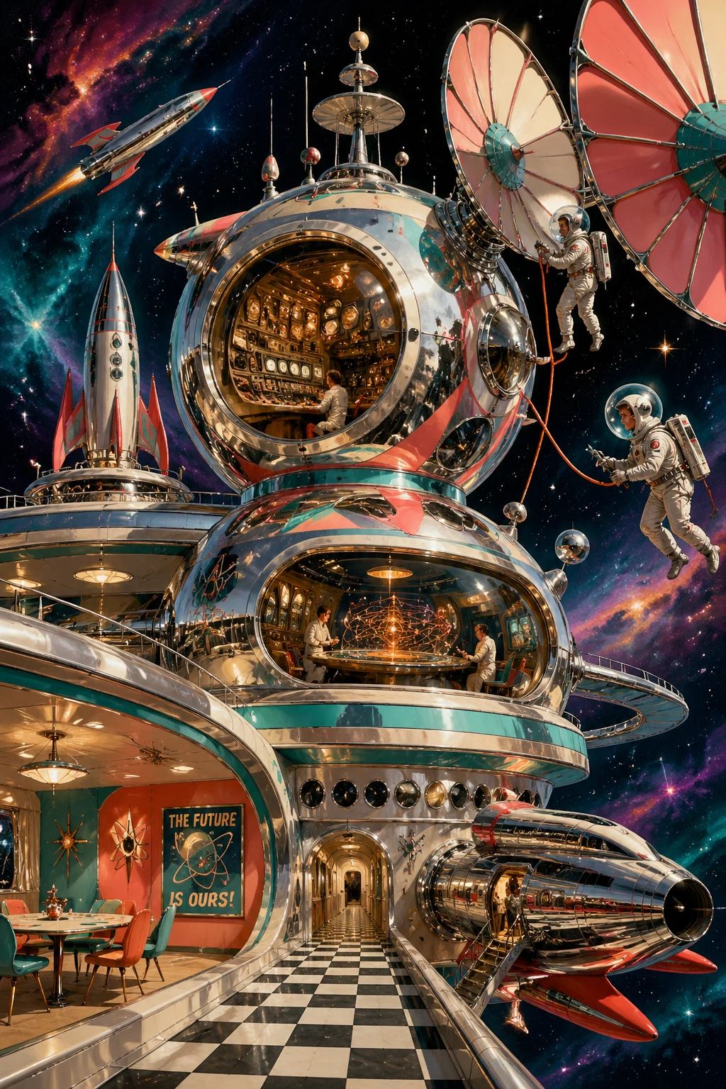 Estación espacial retrofuturista a la deriva entre nebulosas coloridas