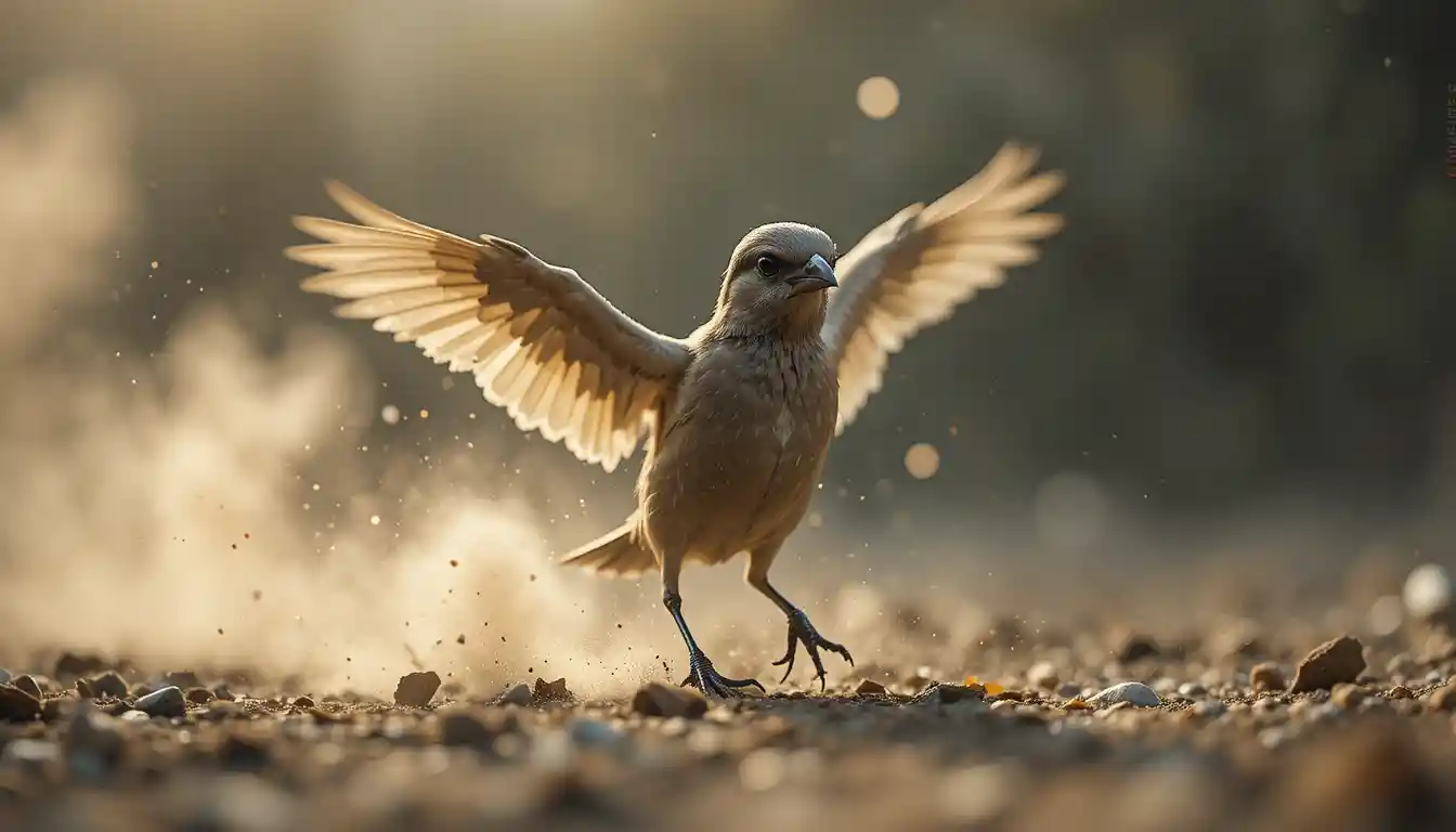 Fragile injured bird struggling to walk across dusty ground