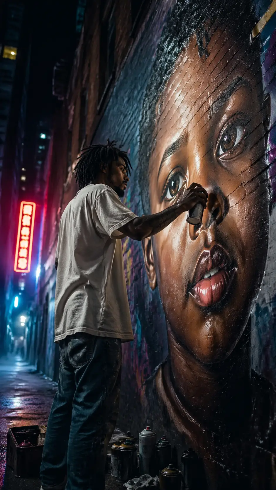 Street artist painting a neon lit mural at night