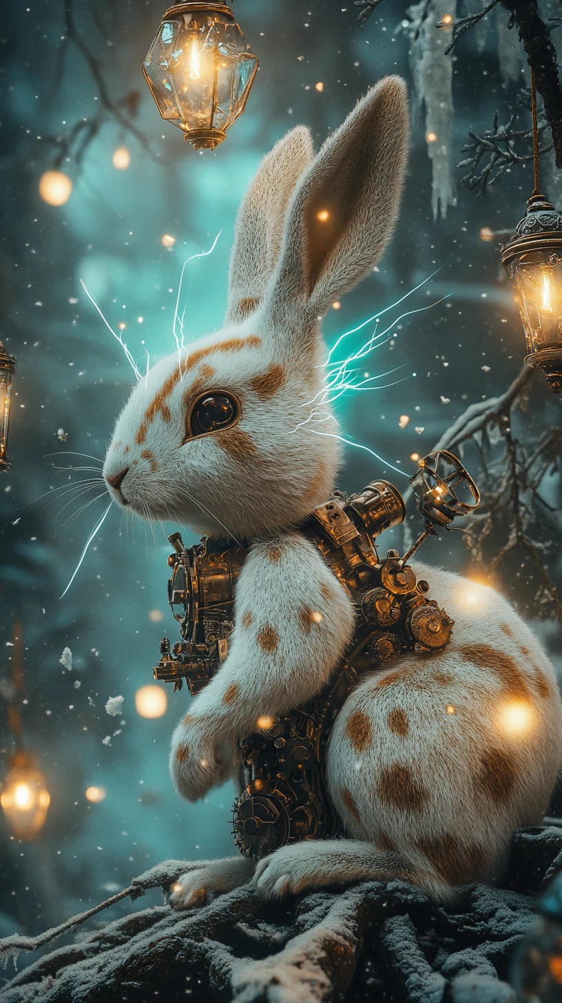 Steampunk Rabbit Glowing With Energy In Frozen Castle Forest