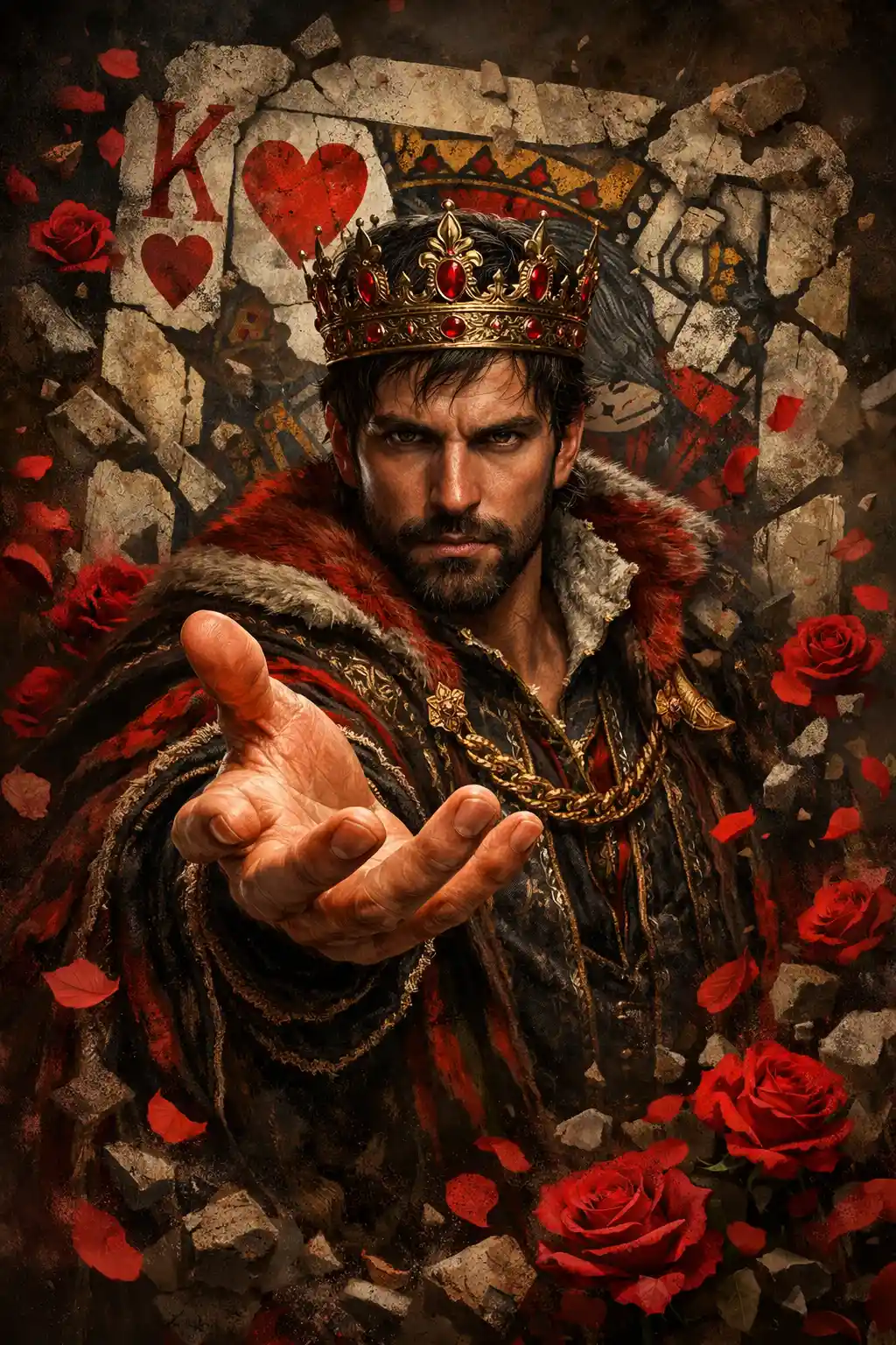 Fantasy king of hearts reaching forward in dramatic light