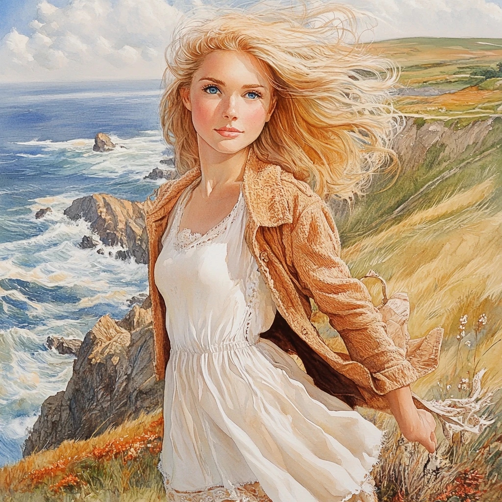 Girl on a sea cliff facing the wild Atlantic waves