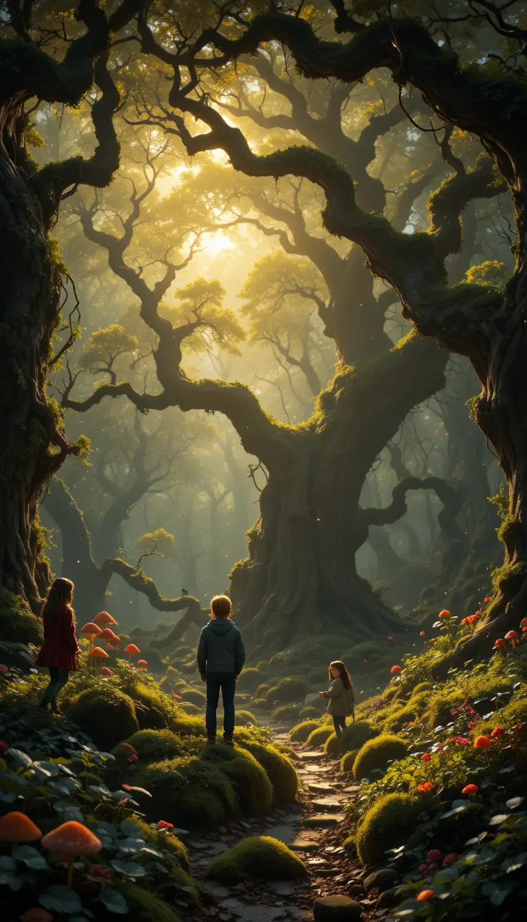 Magical children and animals in an enchanted forest glow