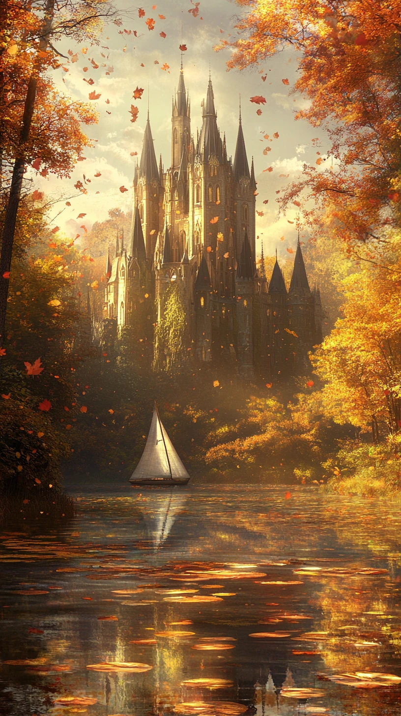 Fairytale castle by a calm autumn lake in the forest