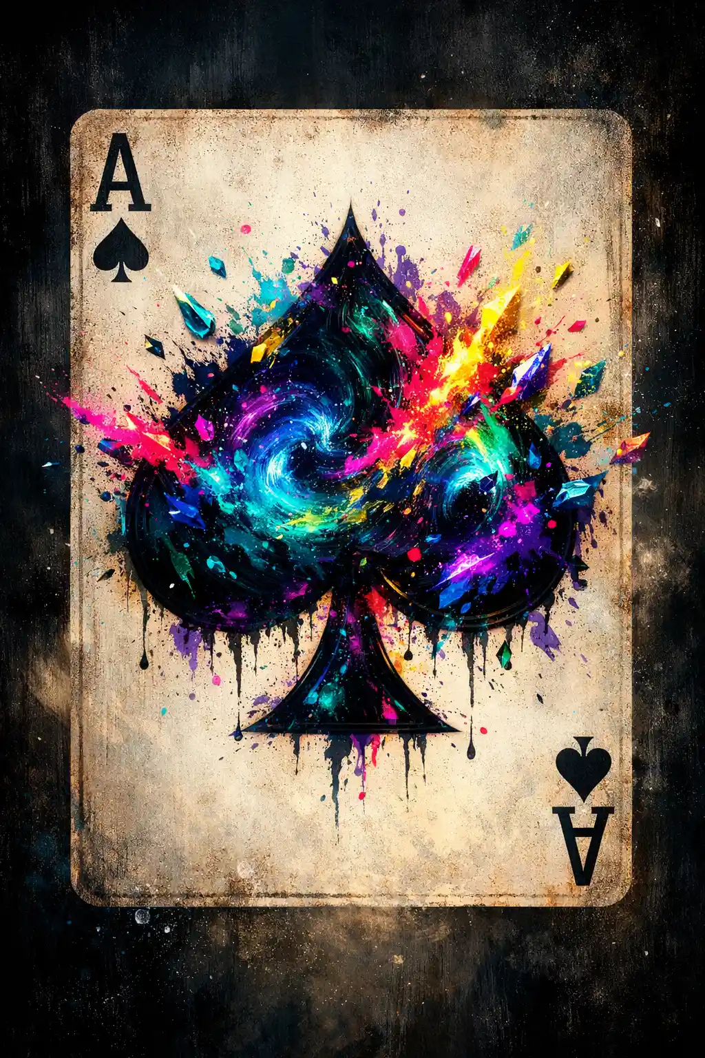 Colorful ace of spades card with explosive abstract design