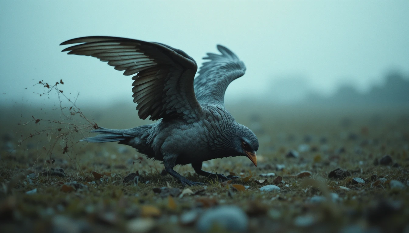 Injured bird struggling across cold grass in soft light