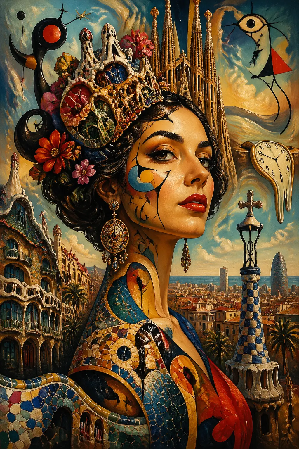 Surreal portrait of Barcelona as a proud beautiful woman