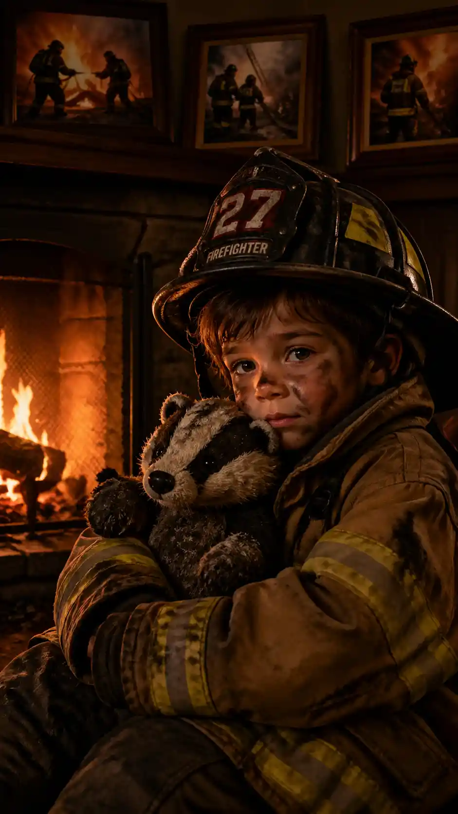 Child In Firefighter Gear By A Warm Glowing Fireplace