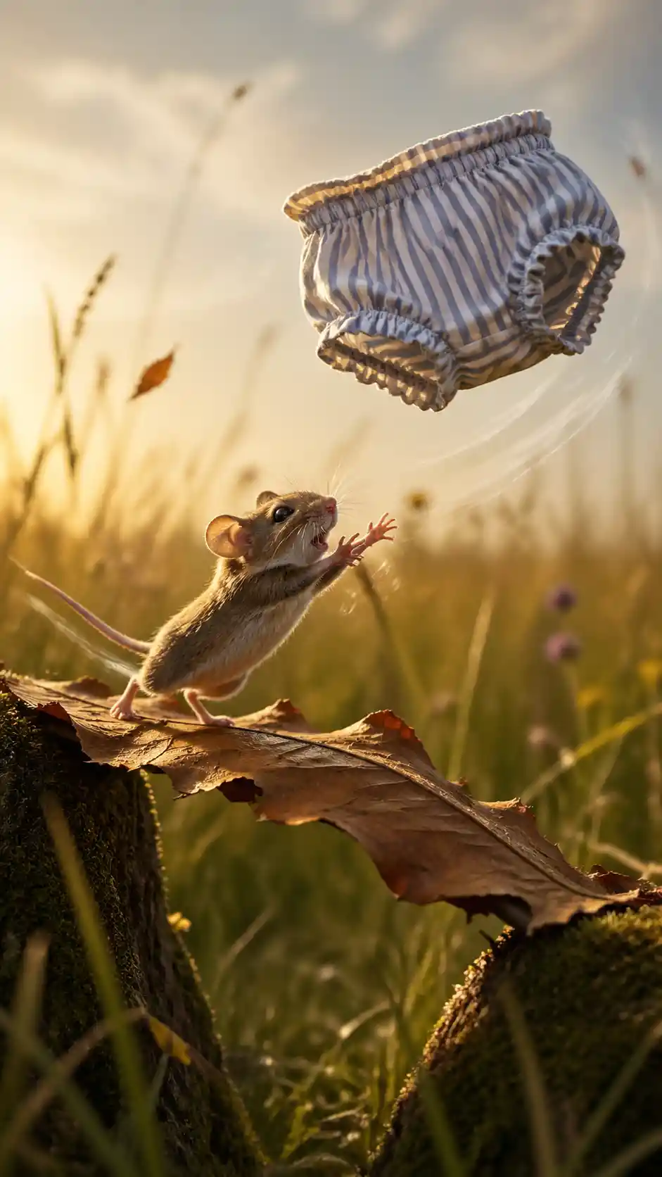 Playful field mouse chasing bloomers over sunny meadow