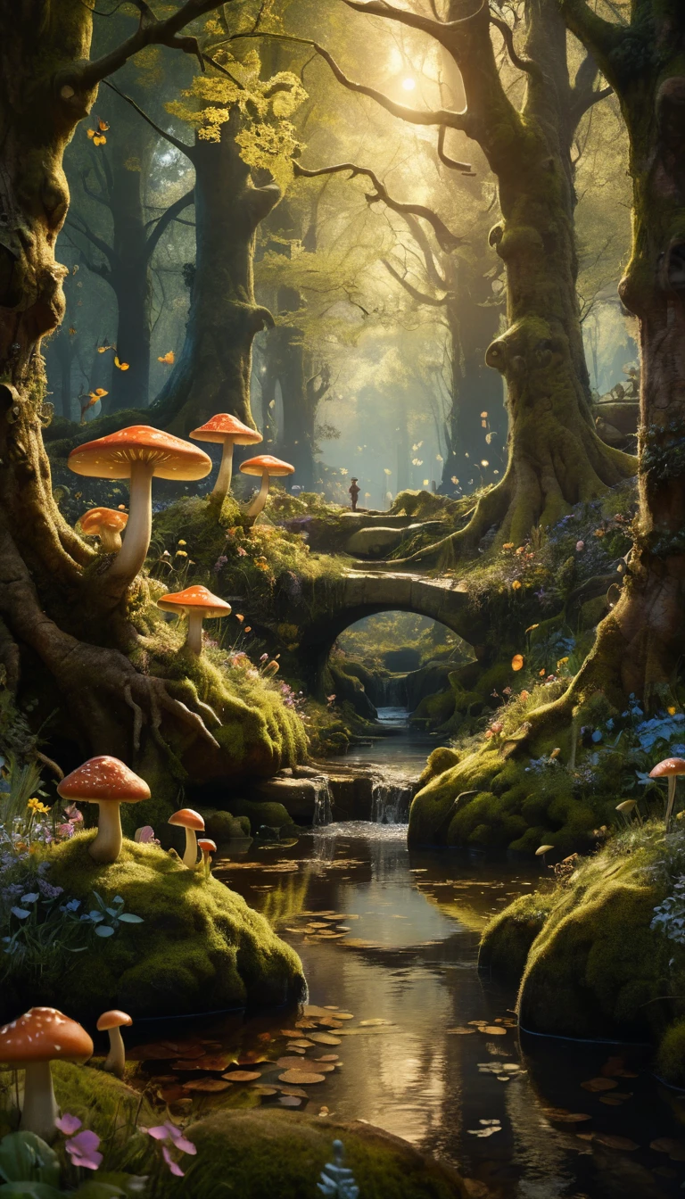 Magical children and animals in an enchanted forest clearing