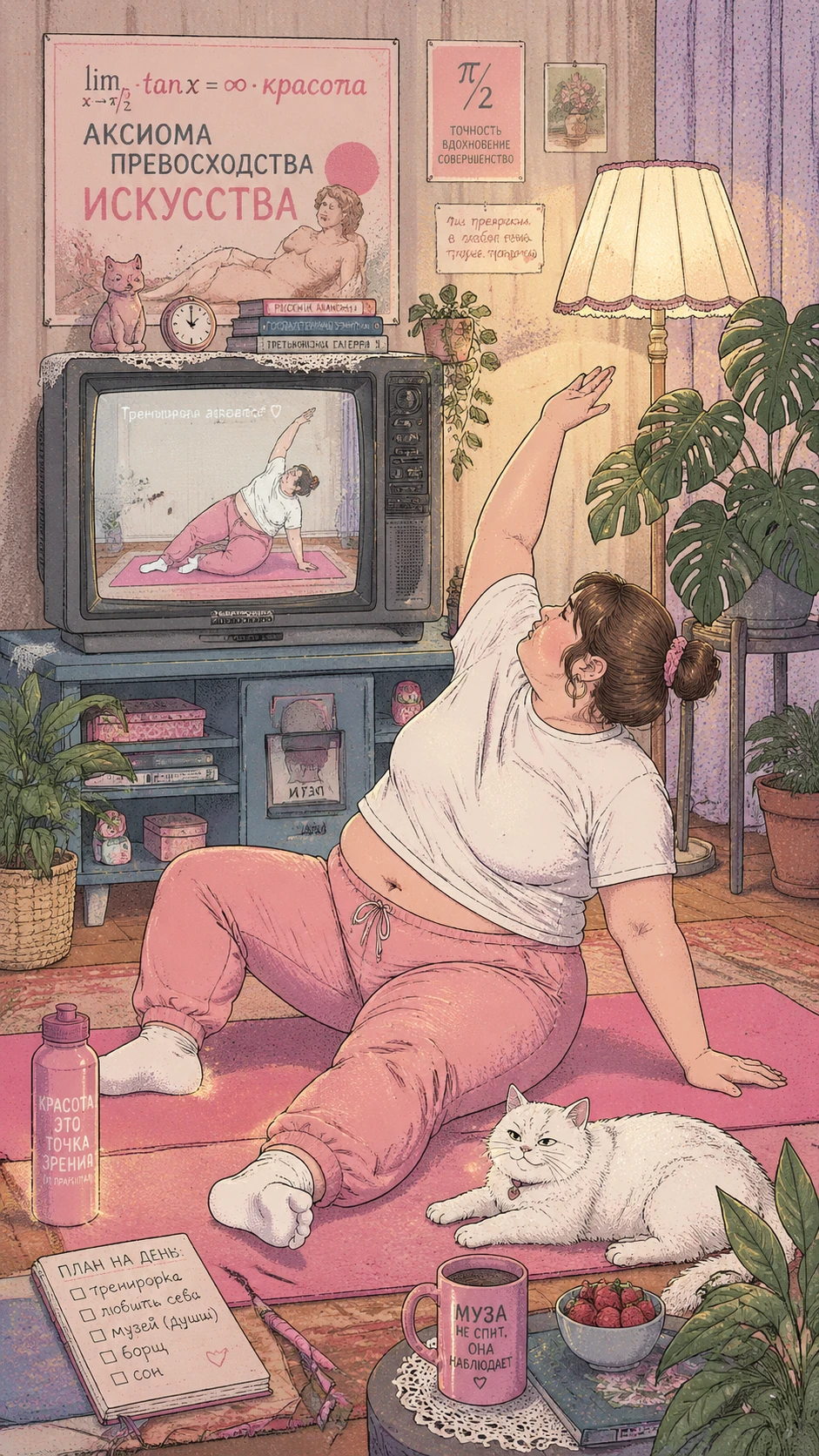 Mujer haciendo ejercicio sobre esterilla rosa con gato en una habitación acogedora