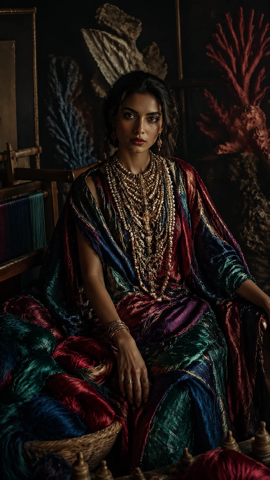 Woman weaver in silk layers with pearls in dim studio
