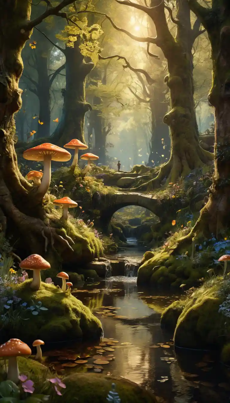 Magical children and animals in an enchanted forest clearing