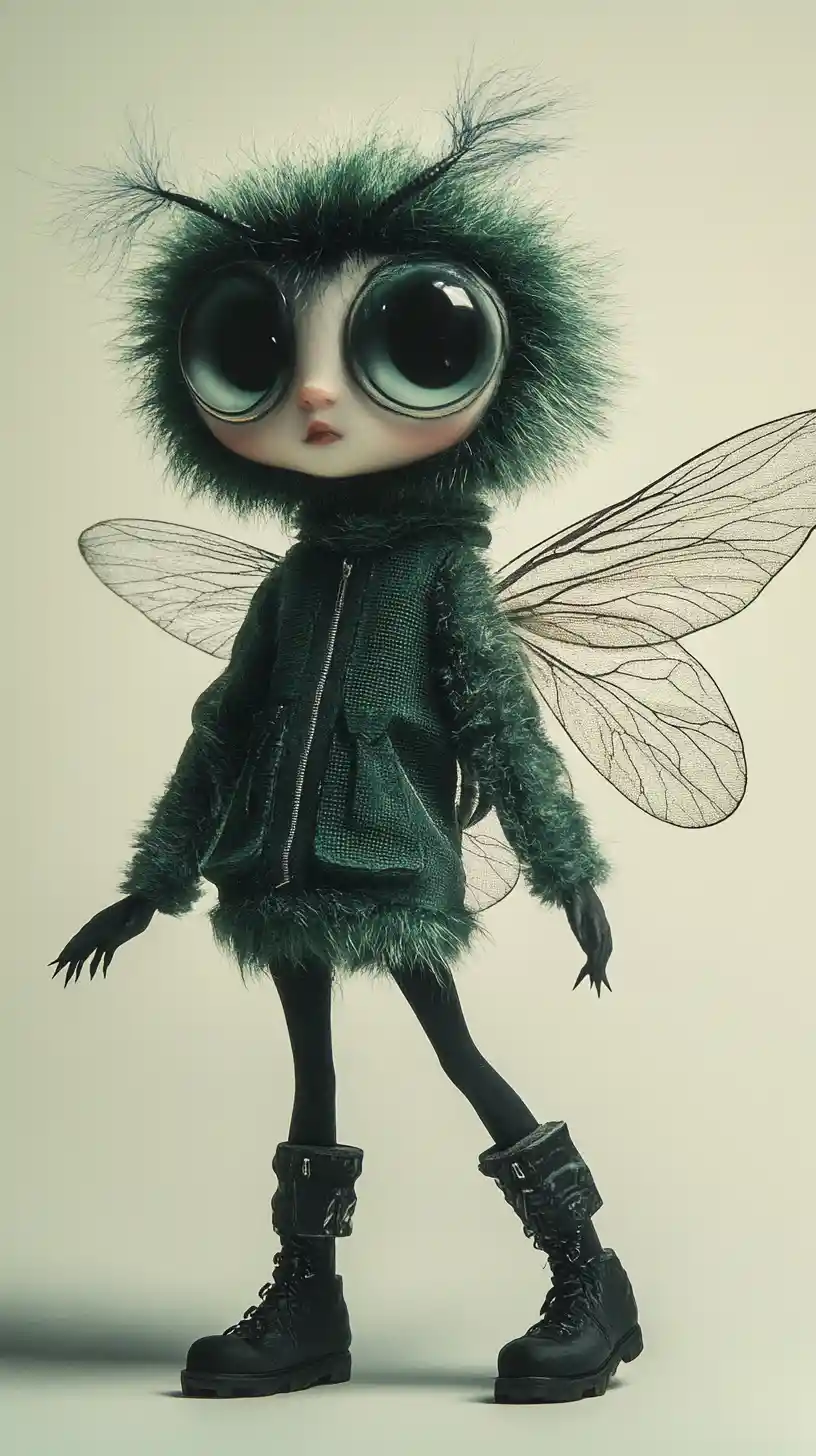 Anthropomorphic fly girl walking in soft neutral space
