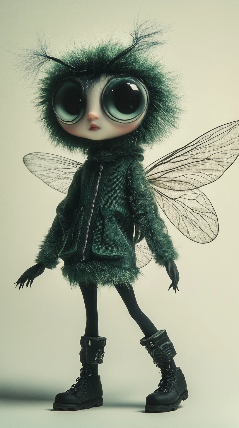 Anthropomorphic fly girl walking in soft neutral space