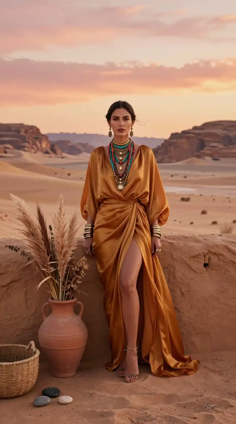 Woman in amber silk dress at desert sunset