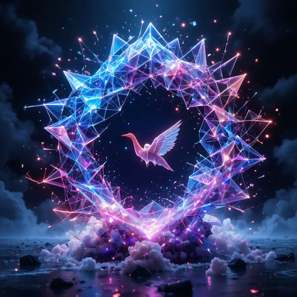 Neon polygons frozen around a central origami crane
