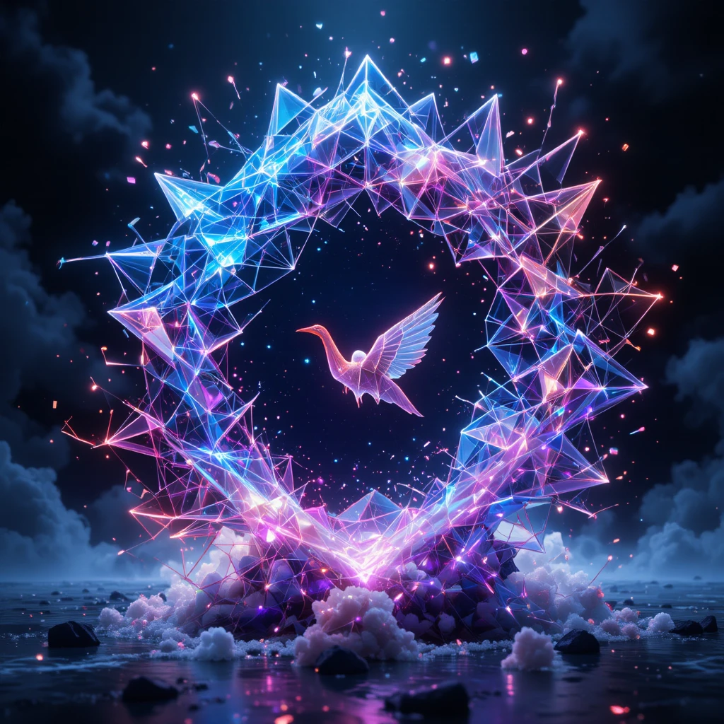 Neon polygons frozen around a central origami crane