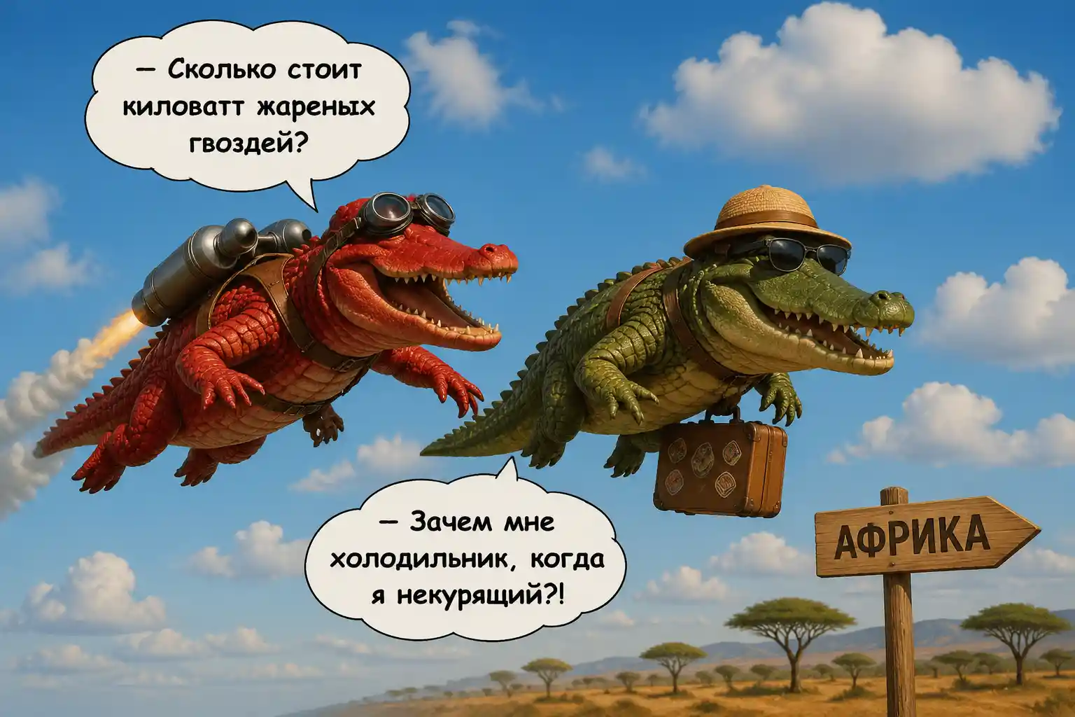 Two crocodiles flying together across the open sky