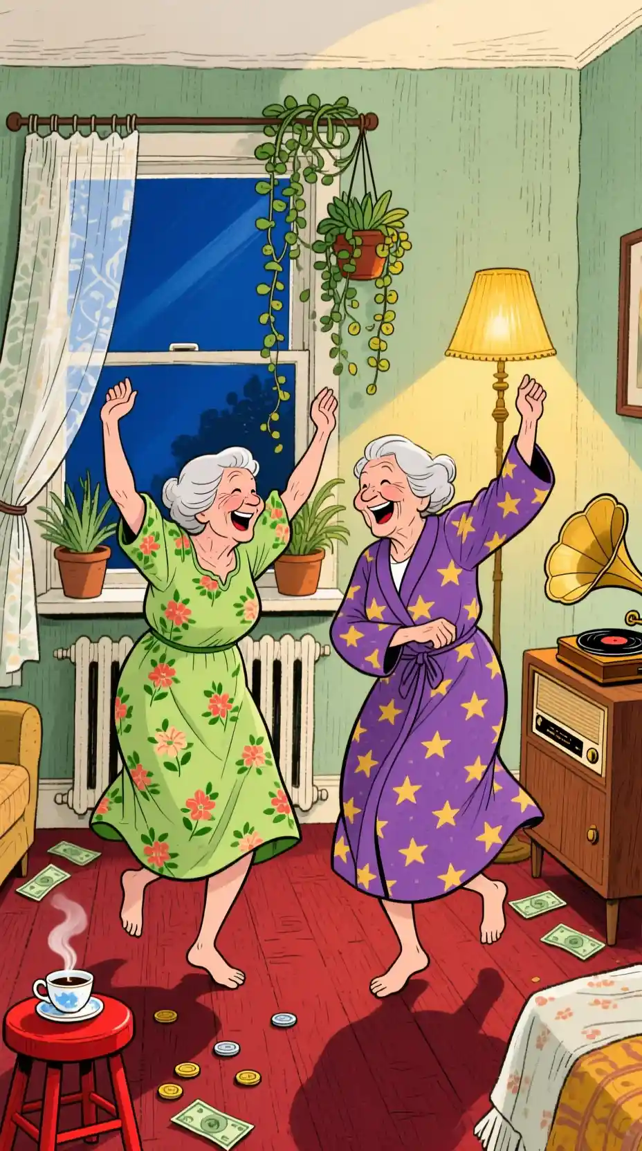 Elderly women dancing in a cozy vintage apartment illustration