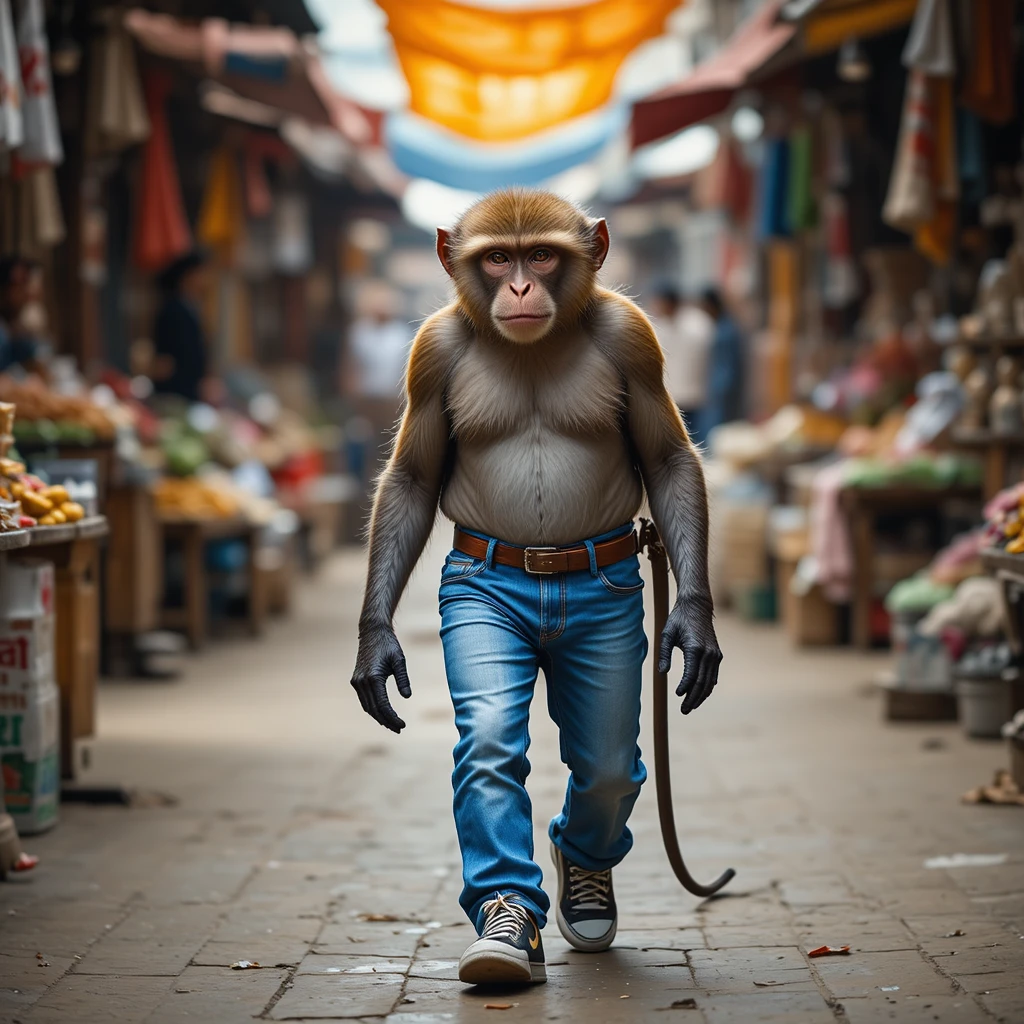 Monkey In Jeans Walking Through A Busy Indian Market