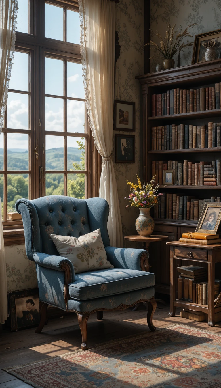 Cozy vintage reading nook with worn blue armchair