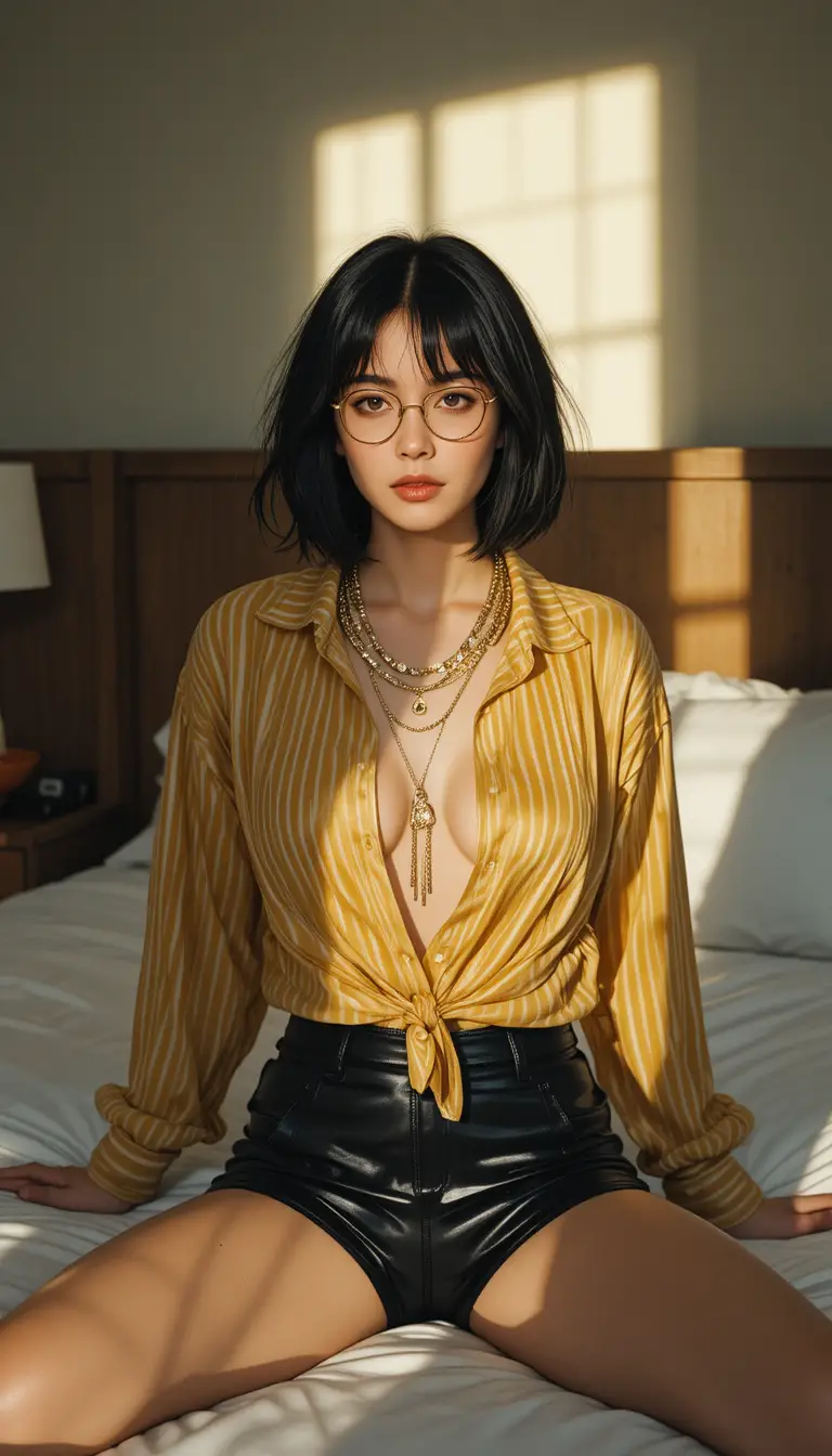 Young woman on hotel bed in dramatic window sunlight
