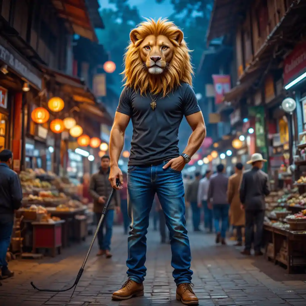 Anthropomorphic lion reporter in a busy Indian street market