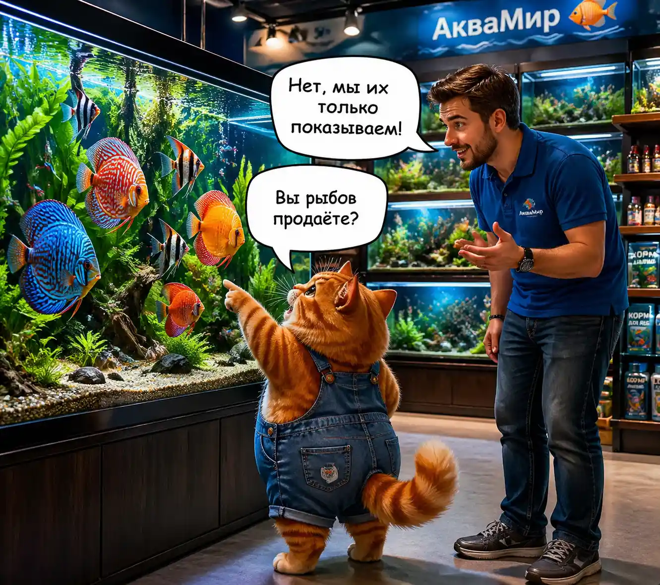 Gatto arancione curioso con salopette che osserva i pesci nell’acquario