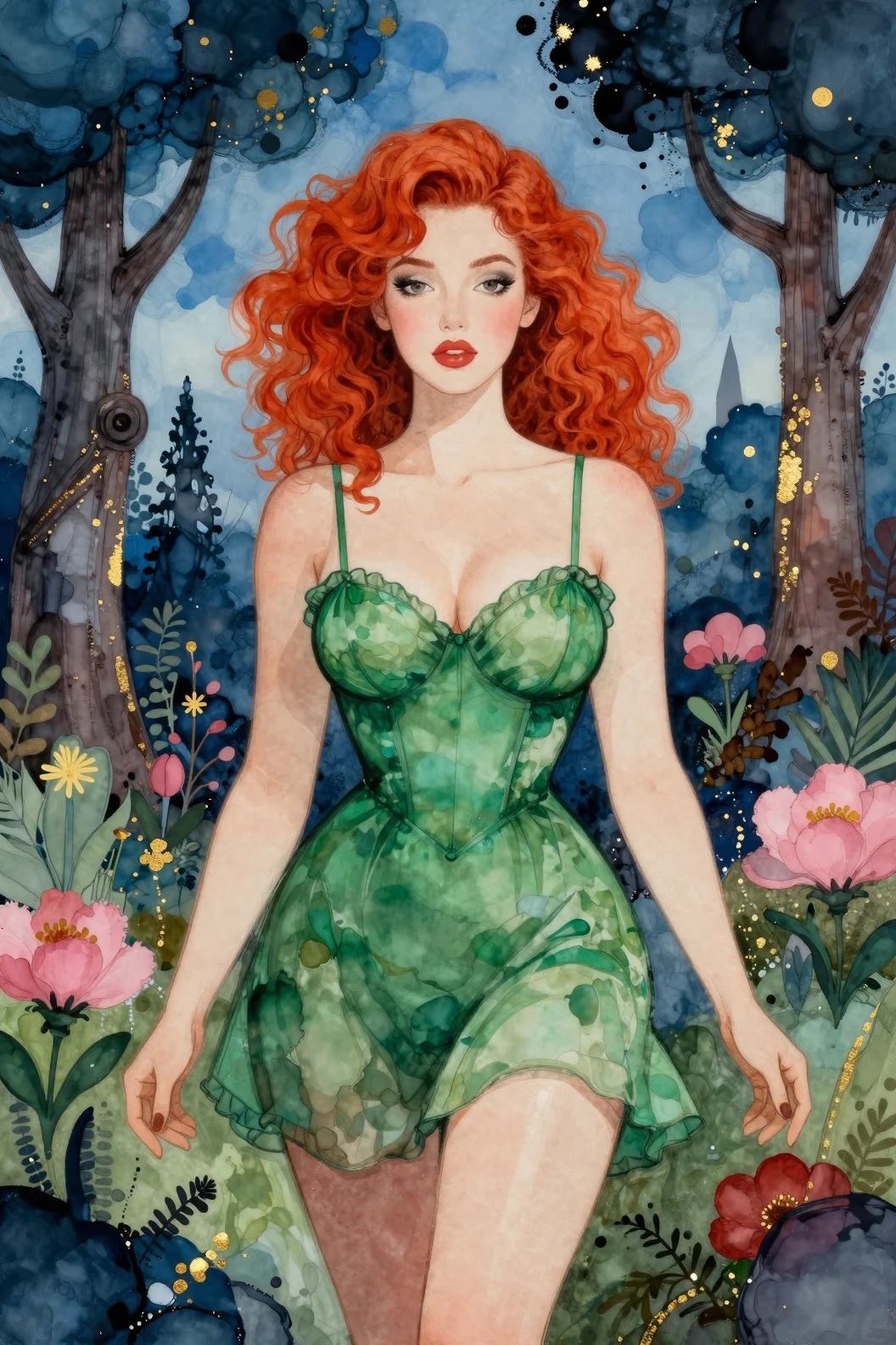 Whimsical red haired woman in green dress in garden