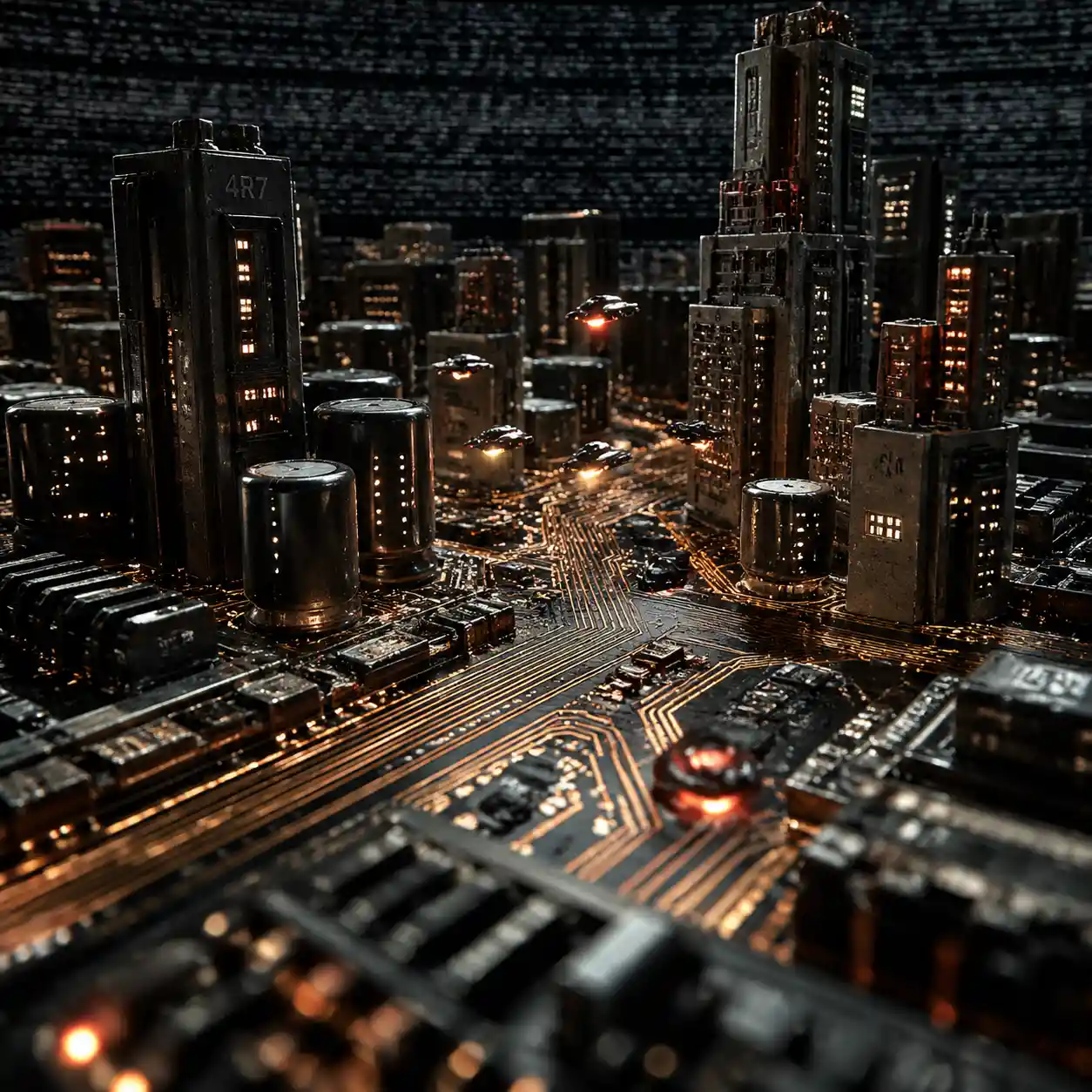 Macro view of a futuristic motherboard cityscape