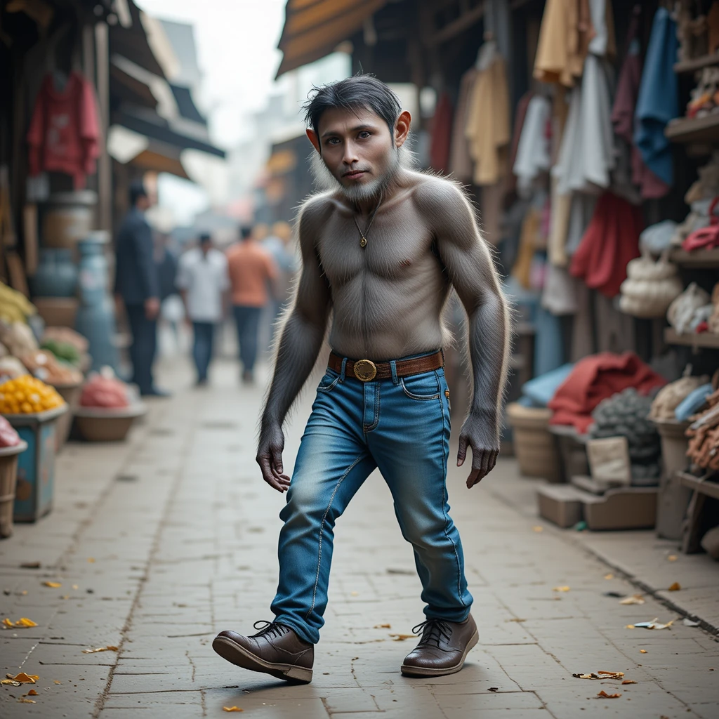Monkey In Jeans Walking Through A Busy Indian Market
